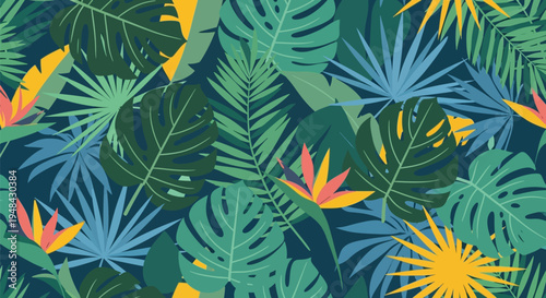 A vibrant and colorful illustration of tropical leaves and flowers in a lush jungle setting.