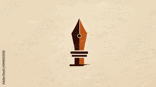 A vintage-style illustration of a fountain pen with a brown and orange nib on a textured, beige background