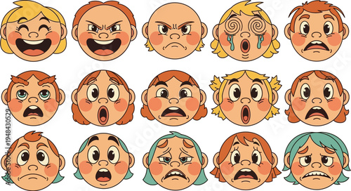 A collection of cartoon faces expressing various emotions on a beige background