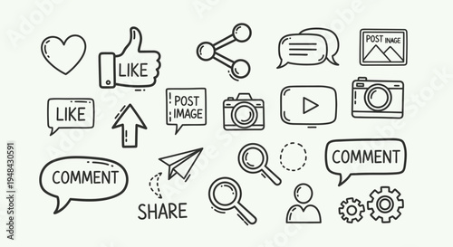 A collection of social media icons and symbols for online engagement and communication