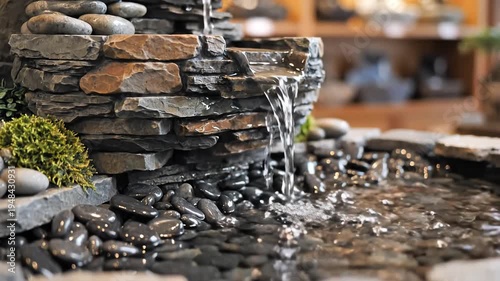 Serene Stone Water Feature with Flowing Water and Lush Greenery.