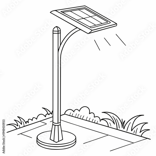 Solar powered street lamp with light rays lamp post solar panel black and white