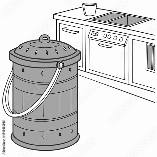 Kitchen sink and dishwasher with a trash can bucket