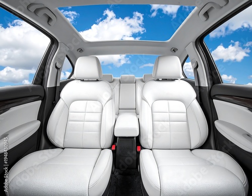 Clean, bright interior view of a car with white leather seats and a sunroof showing a blue sky and fluffy clouds