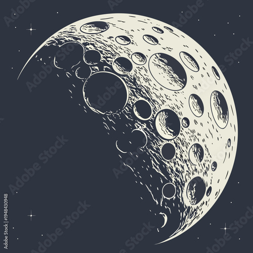 Moon with craters and texture in space black and white