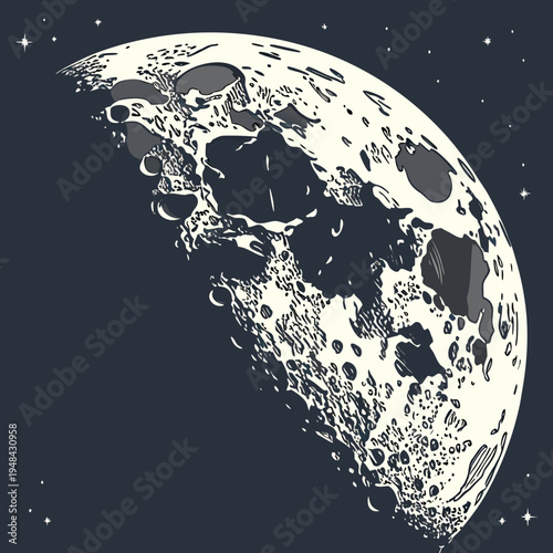 Crescent moon with craters and stars in space