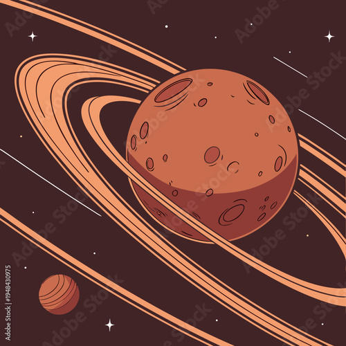 Orange planet with rings and a moon in space