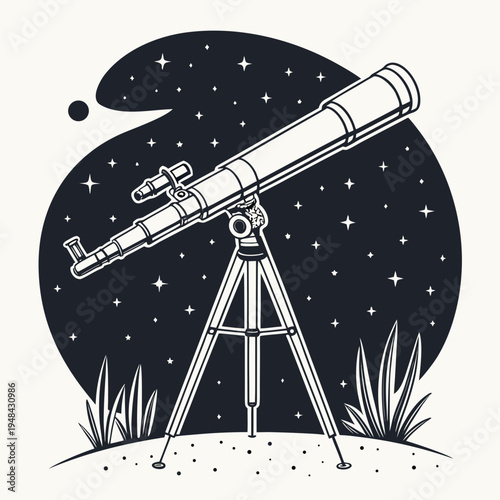 Black and white of a telescope on a tripod at night stars space