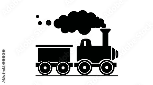 A black and white illustration of a stylized steam engine train, clouds of smoke above
