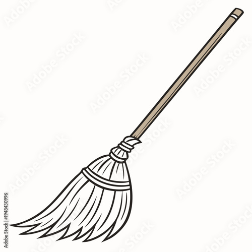 Broom with a wooden handle and bristles cleaning sweeping