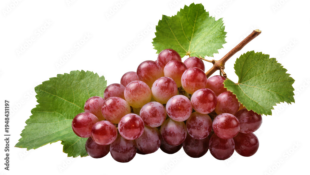 Fototapeta premium Fresh red grape bunch with vibrant green leaves and a woody stem, perfectly isolated PNG on transparent background, healthy fruit for design