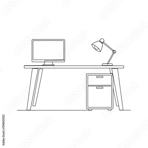 Desk with Computer and Lamp.