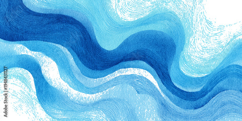 Blue ocean watercolor background with smooth flowing wave texture and artistic aqua paint illustration.