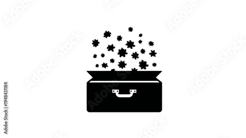 Black suitcase is open, releasing stylized floral shapes. They float upwards. White background