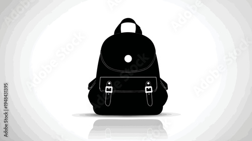 A simple, black backpack illustration with buckles and a white circle, set on a white gradient