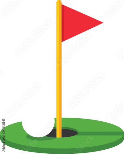 A golf flag on a green grassy putting surface with a red triangular flag. Vector