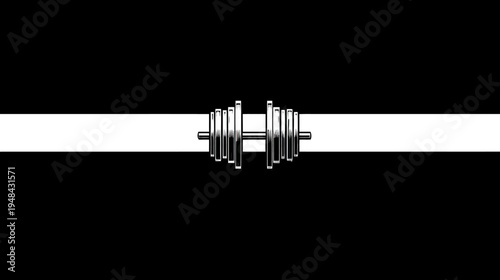 A grayscale graphic features a barbell, positioned in a black and white striped background
