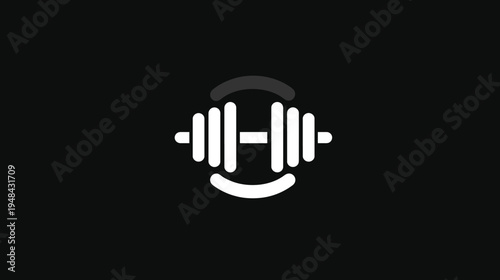 A white barbell with vertical bars & curved lines, set against a black background. Minimalist design