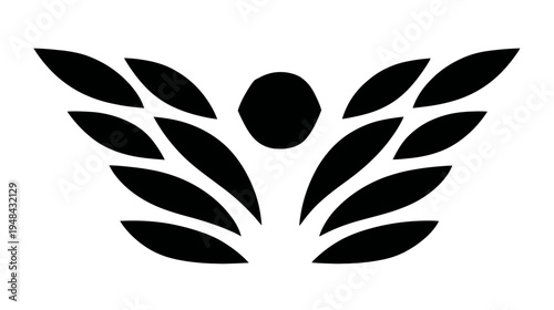 Black and white illustration of symmetrical leaf or feather-like shapes radiating from a central oval