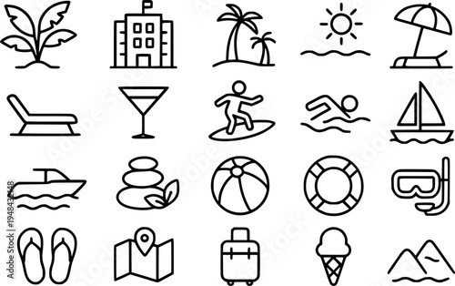 Resort icon set, with outline design