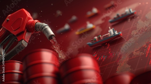 fuel pump nozzle, global oil price crisis concept, oil barrels, world map background, cargo ships, rising stock market chart symbolizing increasing oil prices, global economy and energy crisis theme