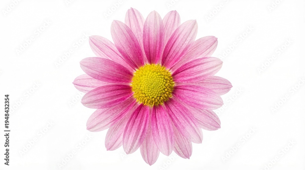 Fototapeta premium A single beautiful pink daisy flower with yellow center isolated on white background