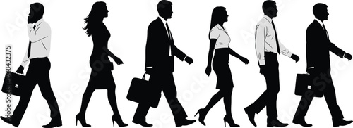 Silhouette illustration of business professionals walking in line, carrying briefcases and using mobile phones, symbolizing corporate culture, teamwork, career progression, and office routine