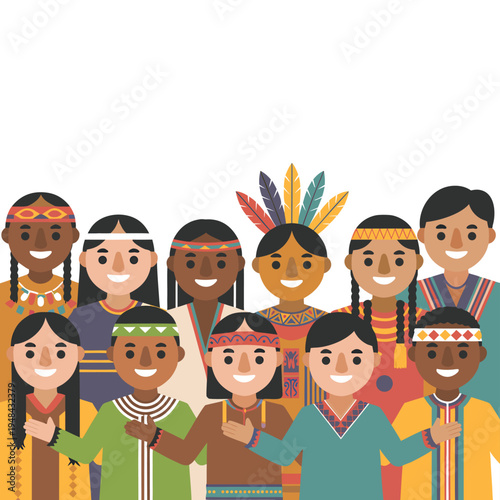 A diverse group of smiling children wearing traditional native american headdresses and clothing
