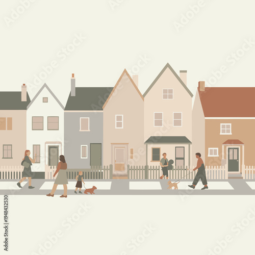 A colorful illustration depicts a neighborhood street with people and dogs crossing a crosswalk