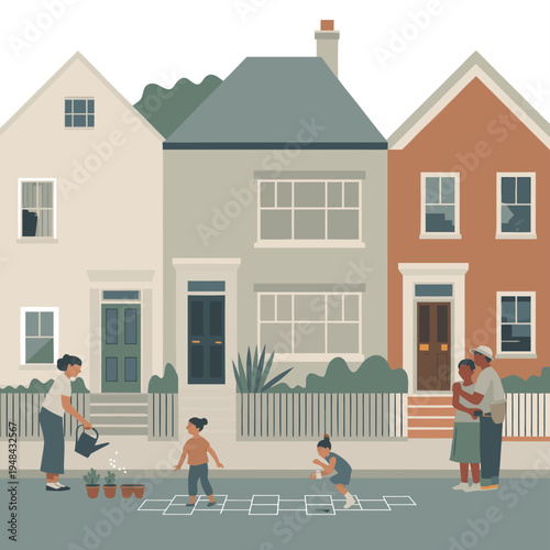 A colorful illustration depicts a neighborhood scene with families enjoying their front yards and gardens