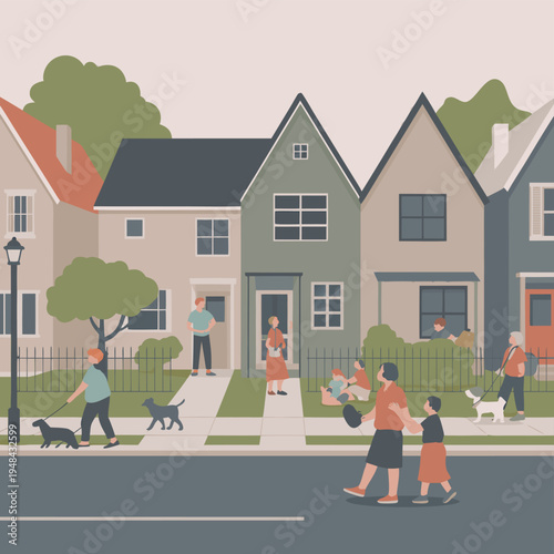 A colorful illustration depicts a vibrant neighborhood scene with people and charming houses