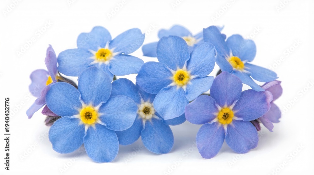 Obraz premium Forget me not flowers with blue petals and yellow centers isolated on white background for decoration