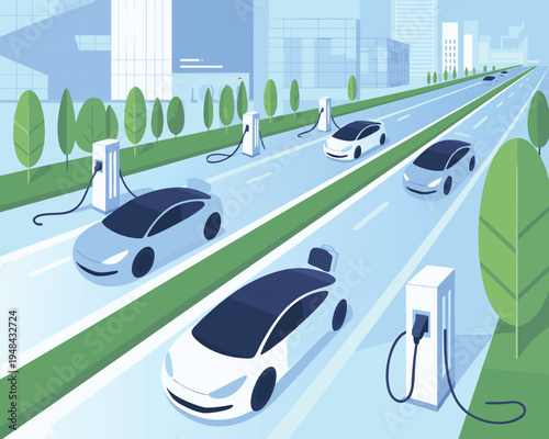 A futuristic city roadway depicts electric vehicles charging and driving towards the horizon