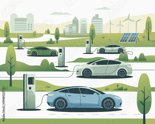 Electric vehicles charging at stations alongside renewable energy sources in a sustainable cityscape