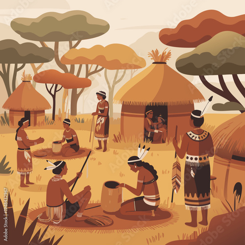 A vibrant illustration depicts a traditional african village scene with people and thatched roof huts
