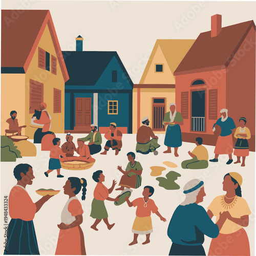 A vibrant illustration depicts a community gathering in front of colorful simple homes