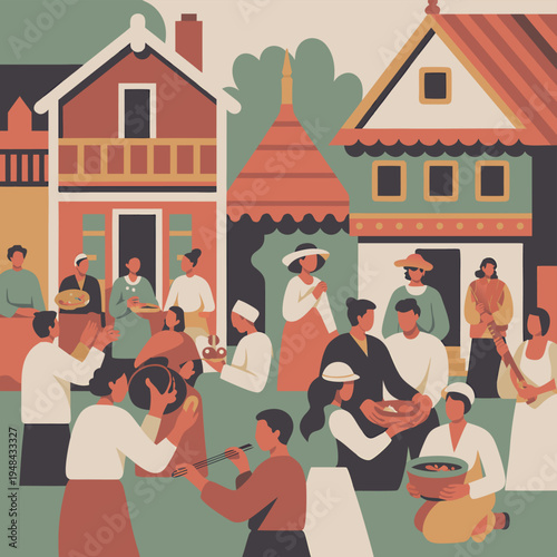 A vibrant illustration depicts a bustling outdoor market scene with traditional thai architecture and people