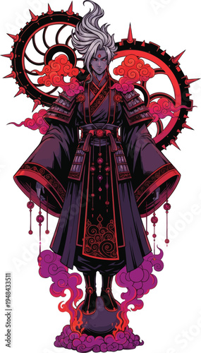 Fantasy character with red mushrooms and purple smoke.