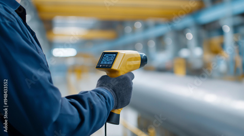 Faceless operator using a non-contact infrared pyrometer to measure temperature of industrial equipment surfaces, heat radiation visualization on device display, defocused