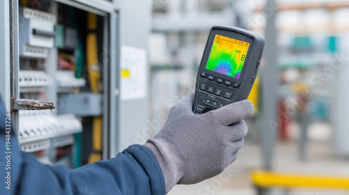Unrecognizable technician's gloved hands holding a professional thermal imaging device pointed at an open electrical panel, vibrant heat map on screen revealing hotspots and