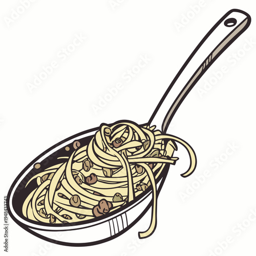 Of spaghetti with mushrooms in a frying pan food cooking