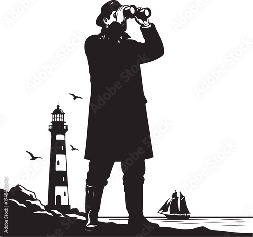 Silhouette of a sailor observing the sea with a lighthouse in the background