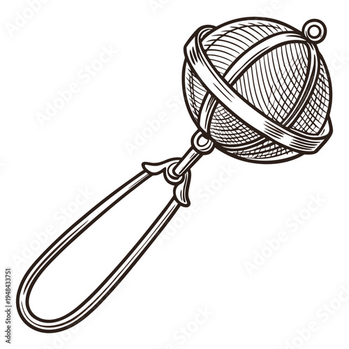 Black and white of a spherical tea infuser with handle tea ball metal mesh kitchen tool