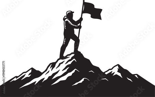 Determined climber hoisting a flag atop a rugged mountain peak