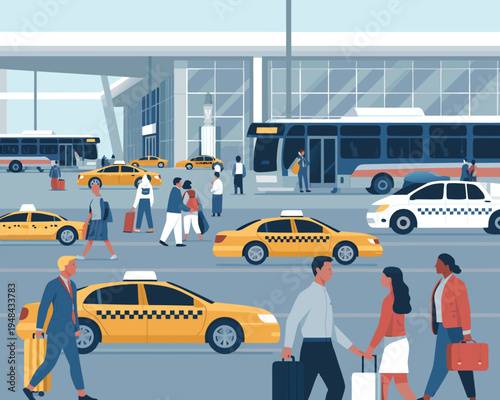 A bustling city scene depicts travelers and yellow taxis outside a modern airport terminal