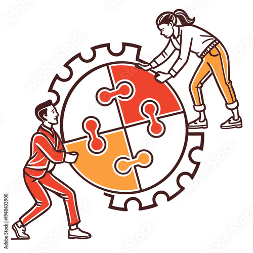 Teamwork concept with two people assembling a puzzle wheel collaboration gear