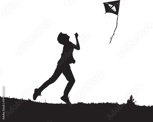 A silhouette of a person joyfully flying a kite on a grassy hillside