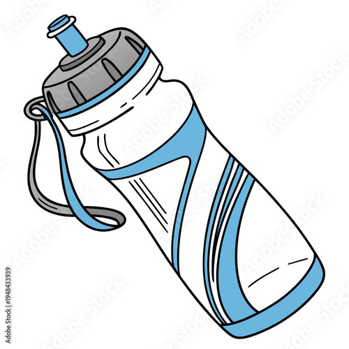 White and blue sports water bottle with gray cap and strap sports bottle