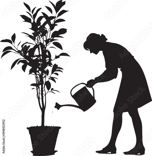 A person watering a potted plant with a watering can in a garden setting