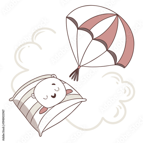 Sleeping person with a parachute floating on clouds dreamy scene